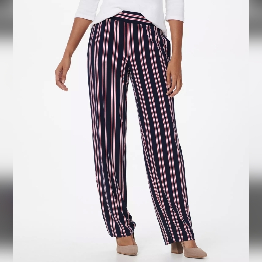 Susan Graver Pants Wide Leg Pull On Coastal Nautical Preppy Boho Stripe Blue L